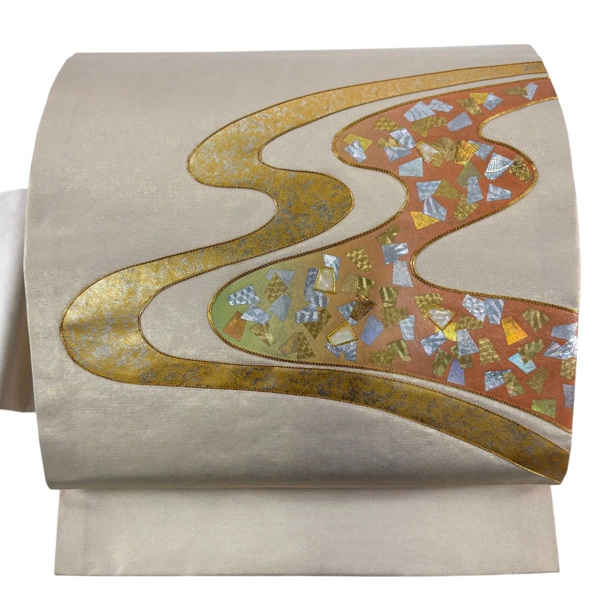 名古屋帯 秀品 流水 幾何学模様 金糸 金銀彩 金色 正絹｜中古・古着