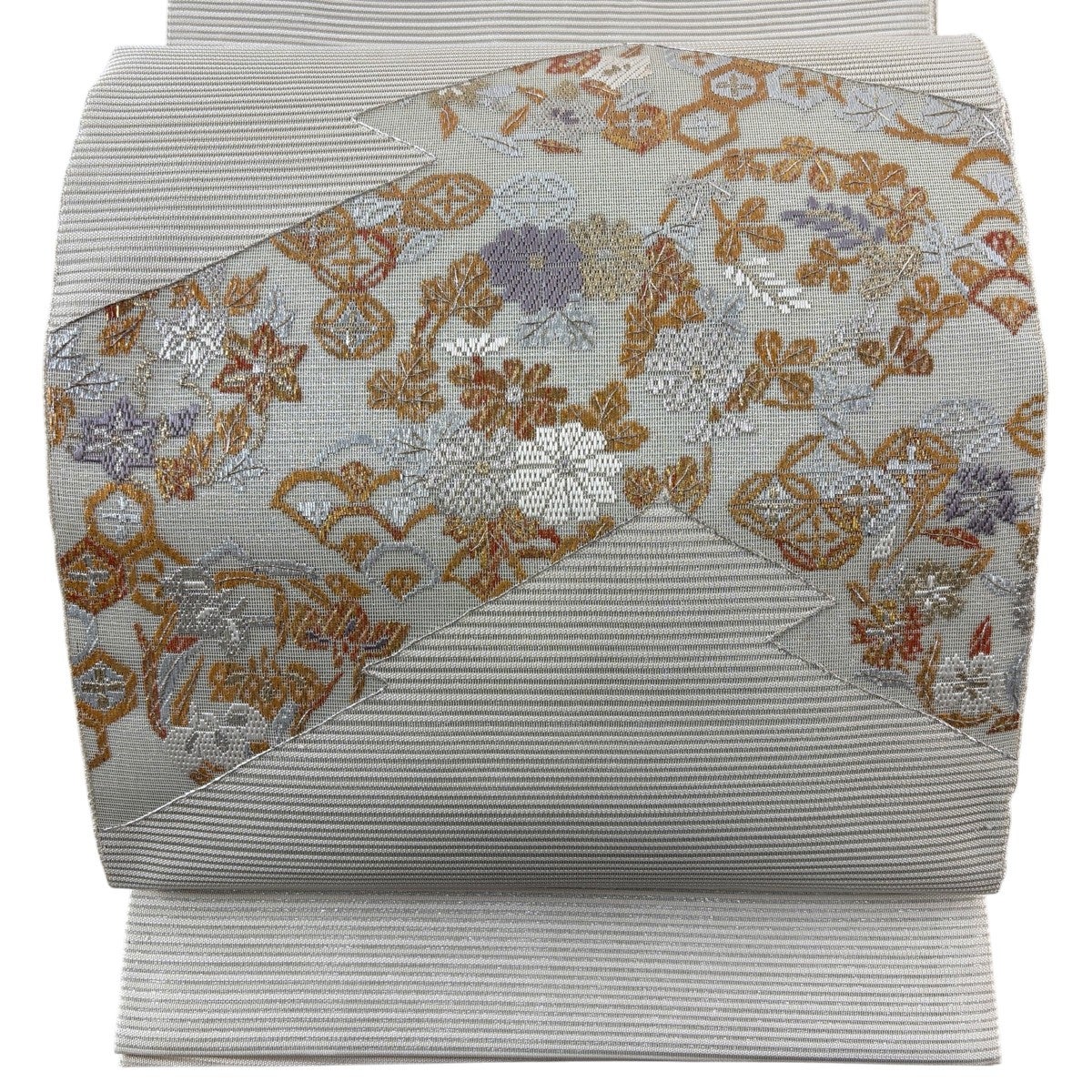袋帯 秀品 夏帯 絽 草花 有職文様 箔 銀糸 ベージュ お太鼓柄 正絹