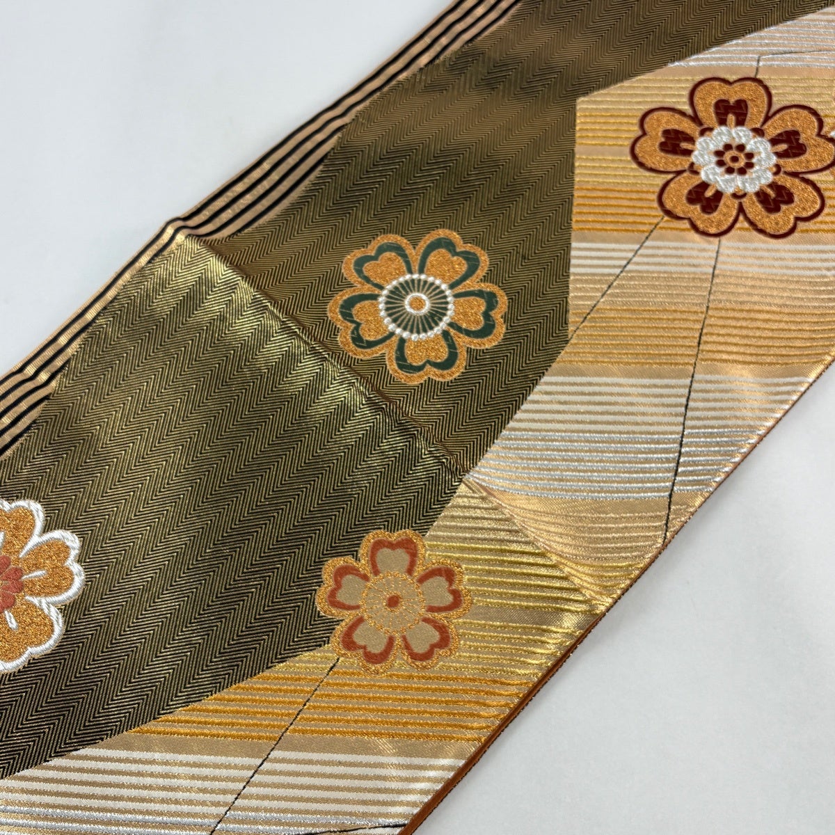 袋帯 秀品 振袖向き 桜 縞模様 金銀糸 箔 金色 六通 正絹｜中古・古着