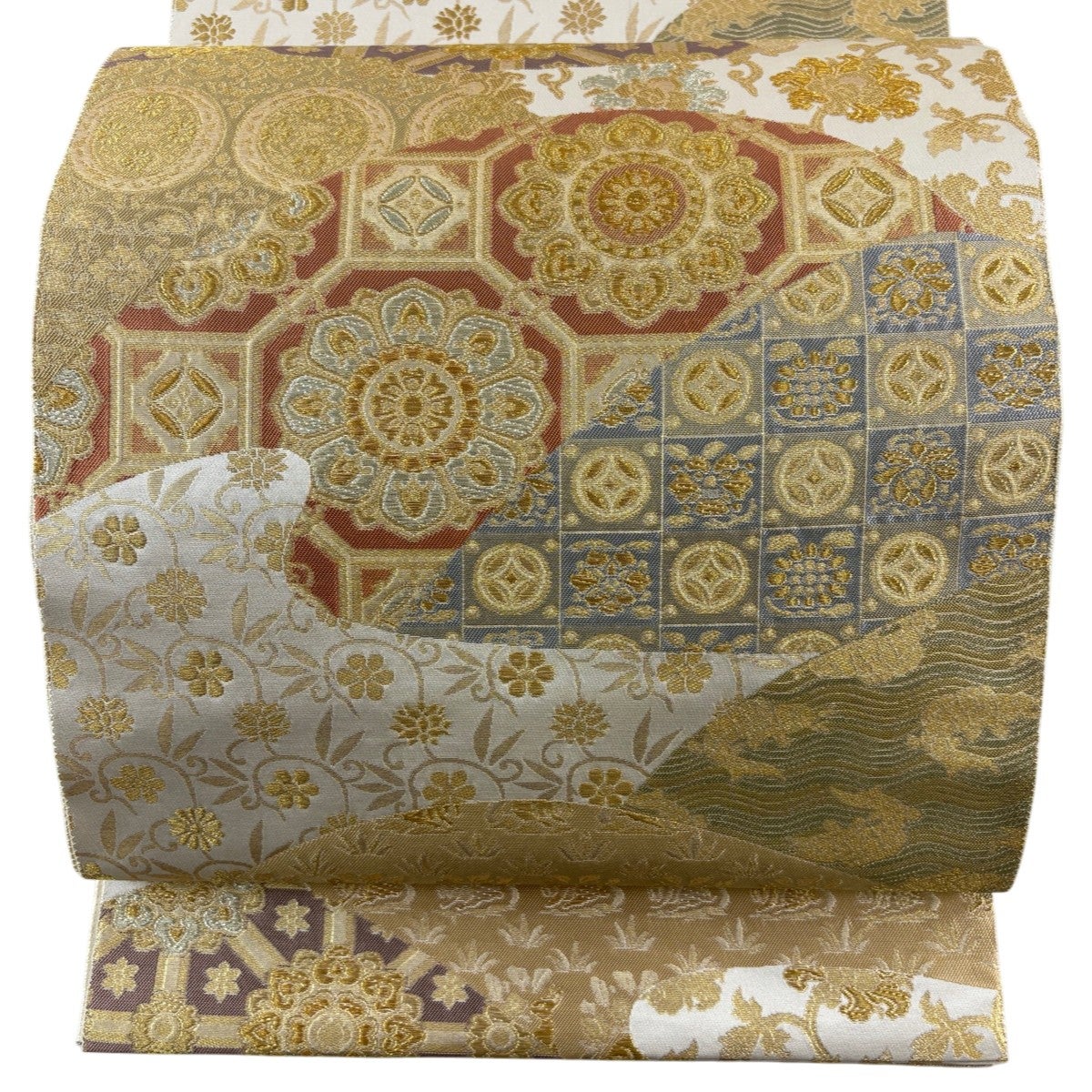 美品】 袋帯 秀品 正倉院名物裂文 金銀糸 箔 クリーム 六通 正絹｜中古