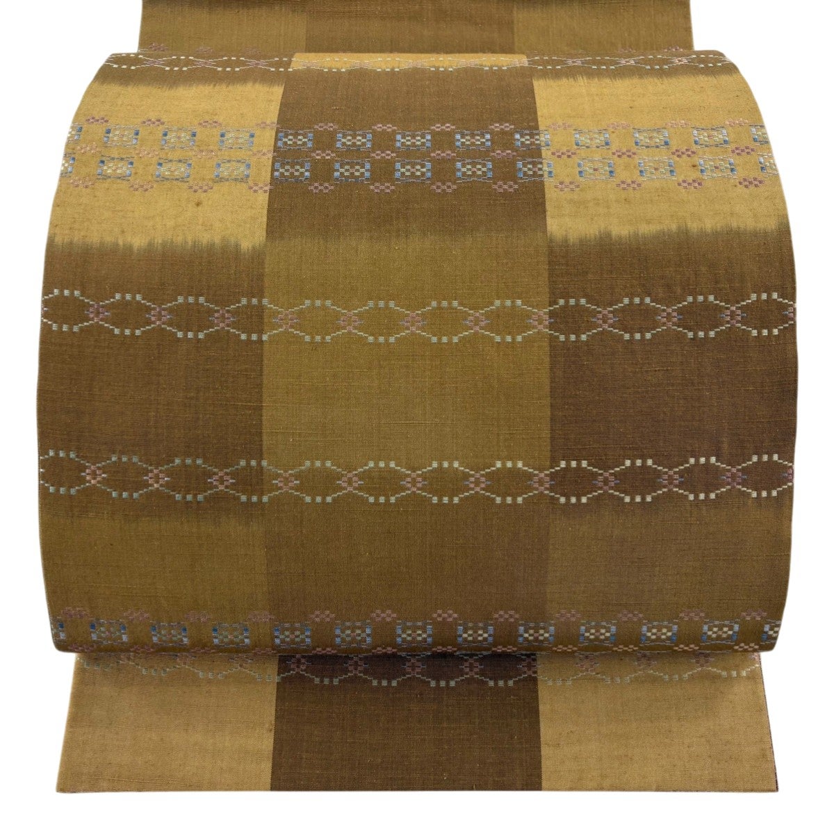 美品】 名古屋帯 秀品 夏帯 夏紬地 縞 幾何学模様 薄茶色 正絹｜中古