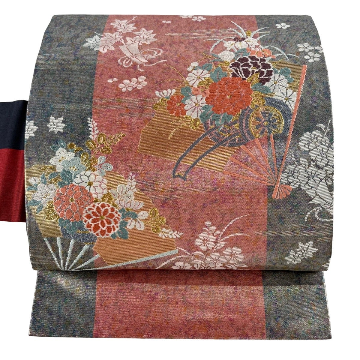 美品】 名古屋帯 秀品 関西仕立て 華文 刺繍 箔 ピンクベージュ 正絹
