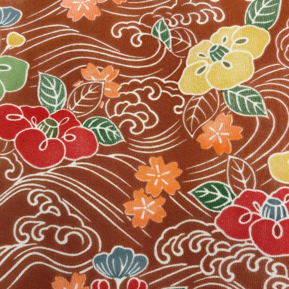 反物 秀品 小紋 波頭 椿 赤茶 正絹｜中古・古着・リサイクル着物通販