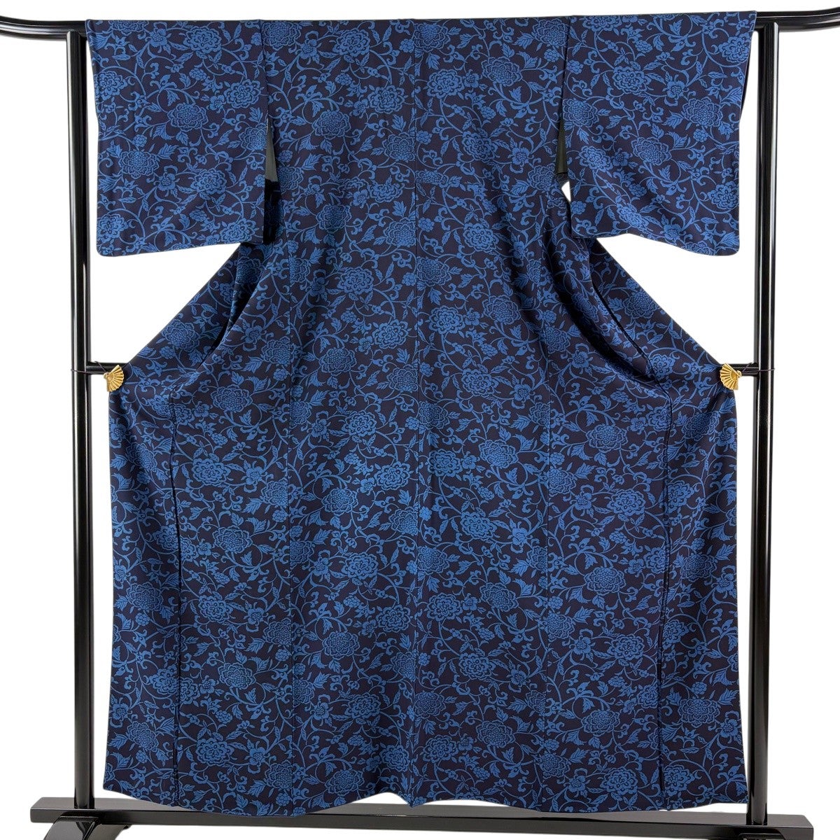 美品】 小紋 身丈164cm 裄丈66.5cm M 袷 藍染 家屋 草花 縮緬 藍色