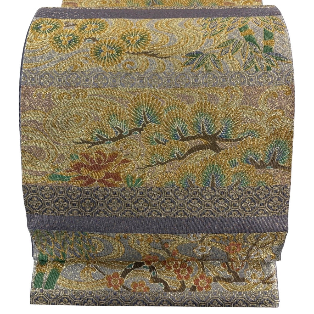 美品】 袋帯 秀品 川島織物 落款あり 扇面 秋草 金銀糸 灰色 六通 正絹