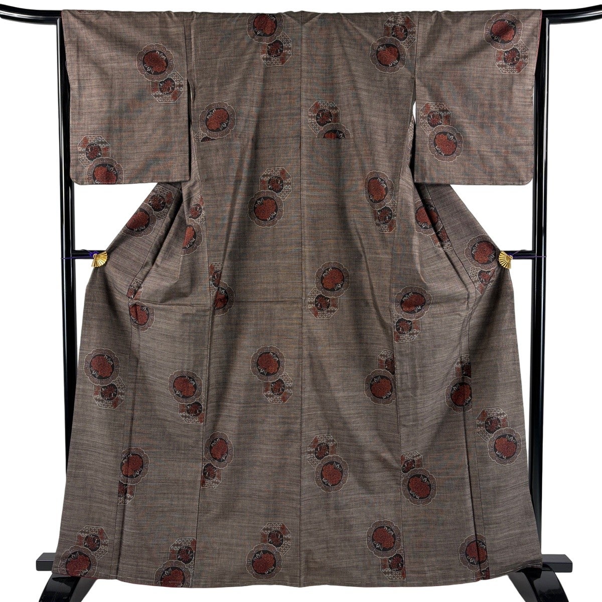 紬 身丈165cm 裄丈64cm M 袷 草花 葉 焦茶色 正絹 名品｜中古・古着