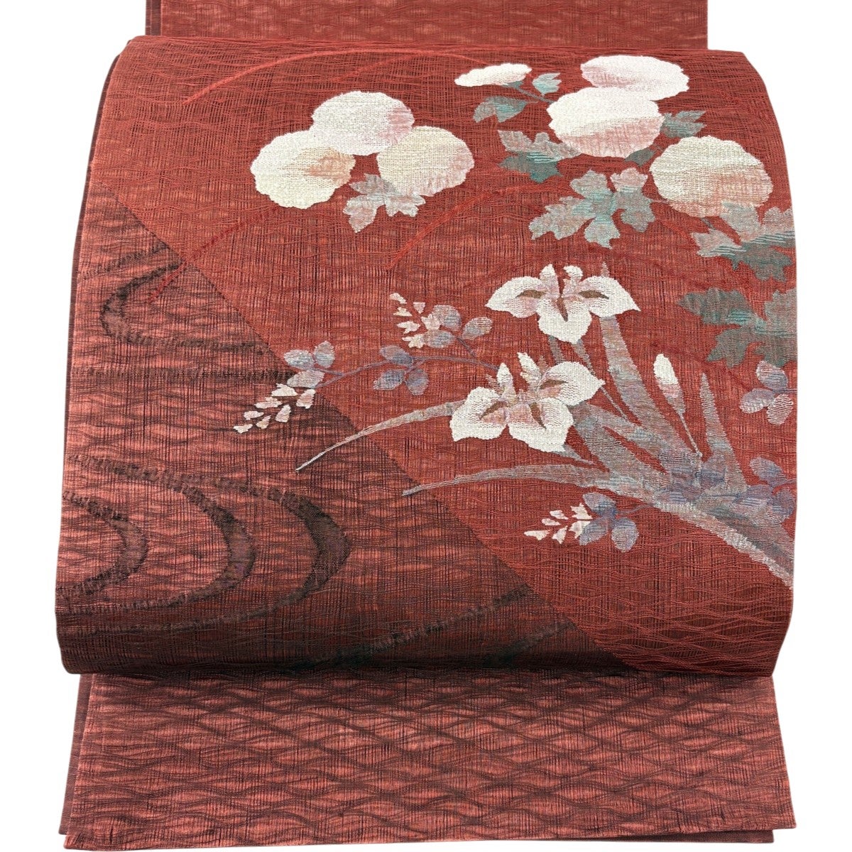 美品】 袋帯 秀品 夏帯 菖蒲 菊 金糸 えんじ色 お太鼓柄 正絹｜中古