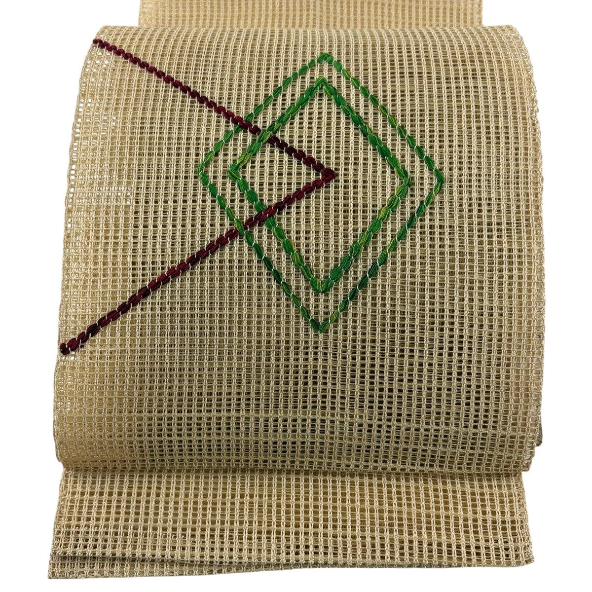 名古屋帯 秀品 夏帯 羅 八寸名古屋帯 菱 幾何学 刺繍 ベージュ 正絹