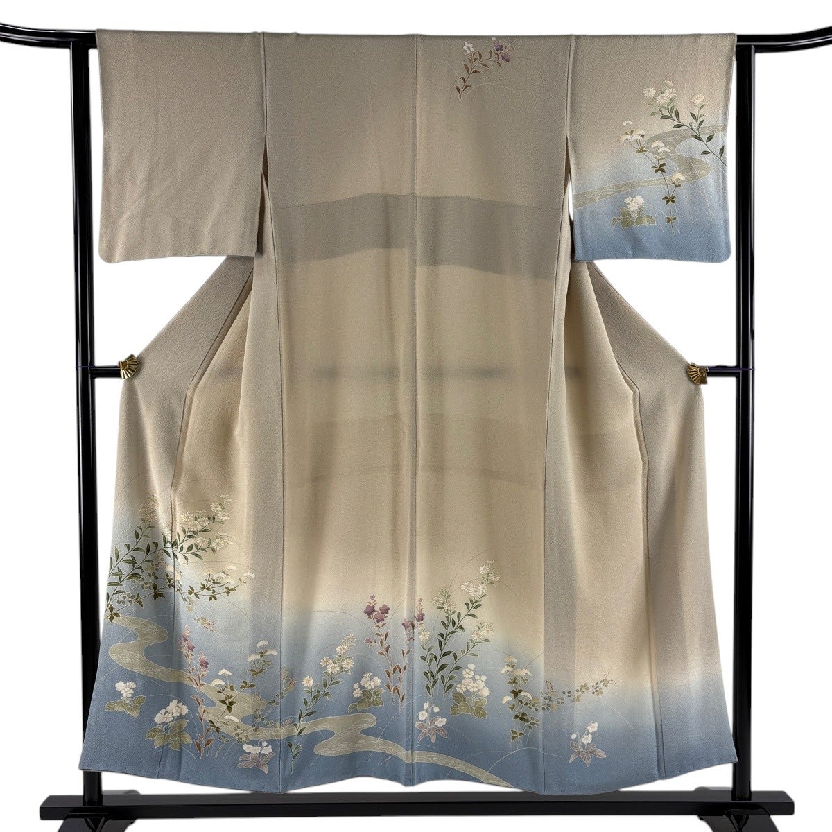 訪問着 身丈152.5cm 裄丈62.5cm S 袷 草花 流水 金彩 ぼかし ベージュ