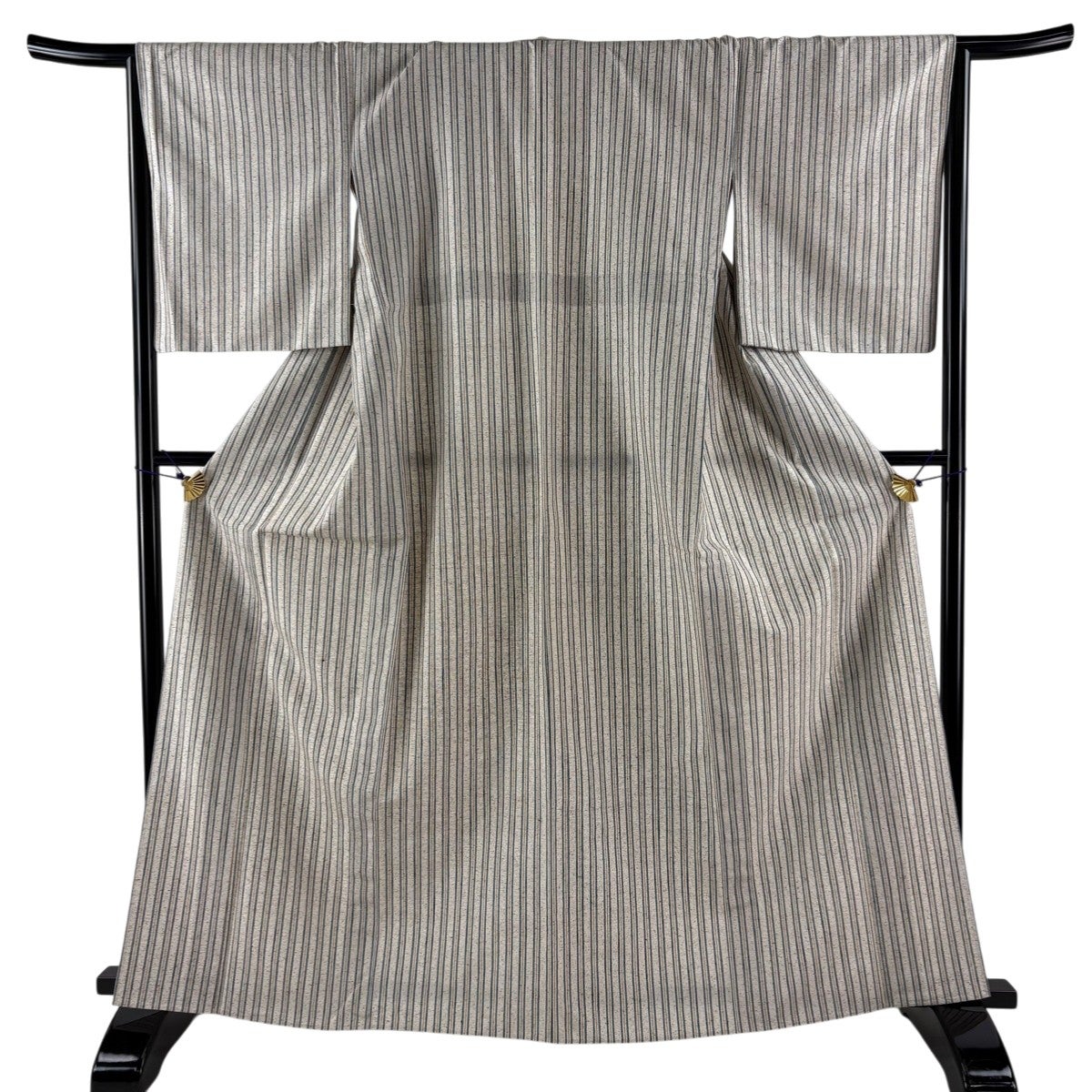 美品】 紬 身丈164.5cm 裄丈65.5cm M 単衣 縦縞 灰茶 正絹 秀品｜中古