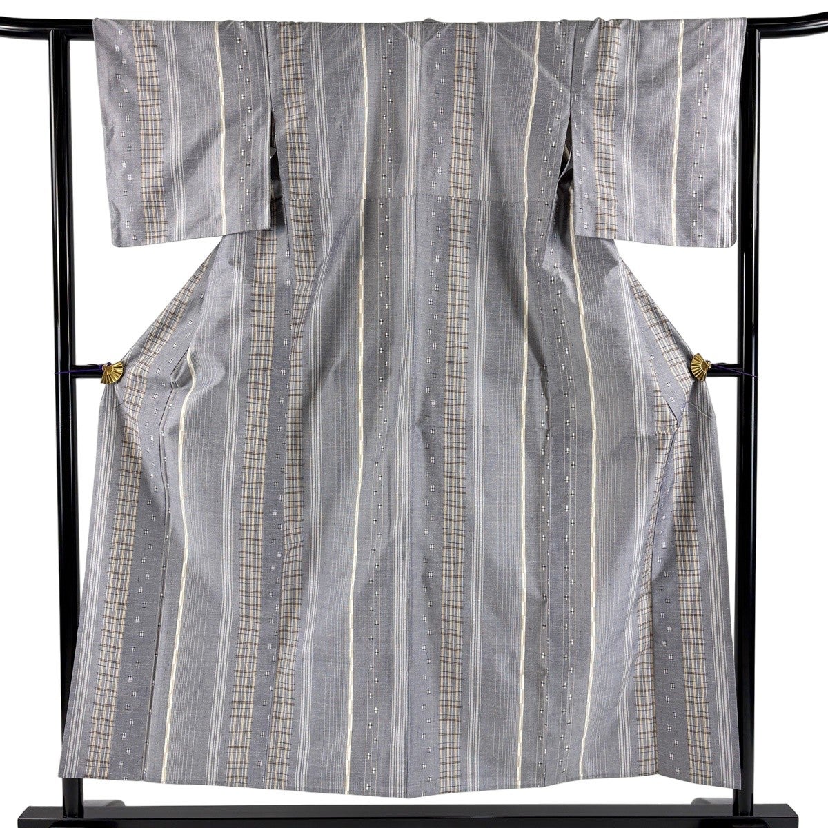 美品】 紬 身丈153.5cm 裄丈61.5cm S 単衣 縞 格子 灰色 正絹 秀品