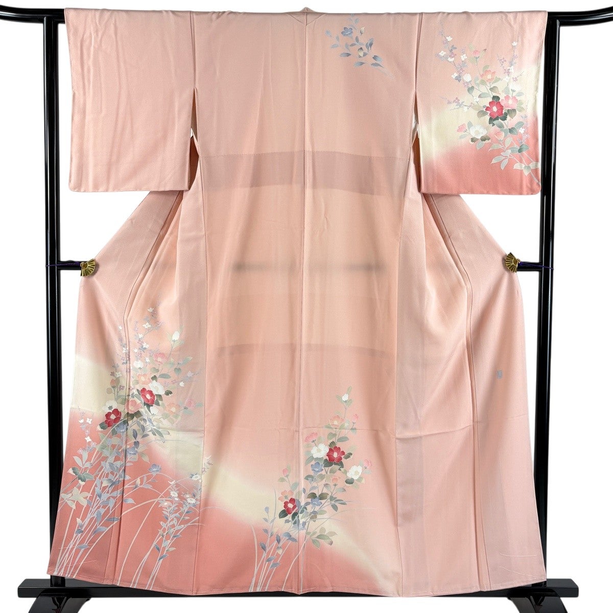 ミッチ様しつけ糸付き紅花紬小紋 着物 くすみカラー系 身丈159cm 鈴乃屋製 訪問着 身丈154cm 裄丈66cm M 袷 落款あり 草花 染め分け ぼかし 薄紫