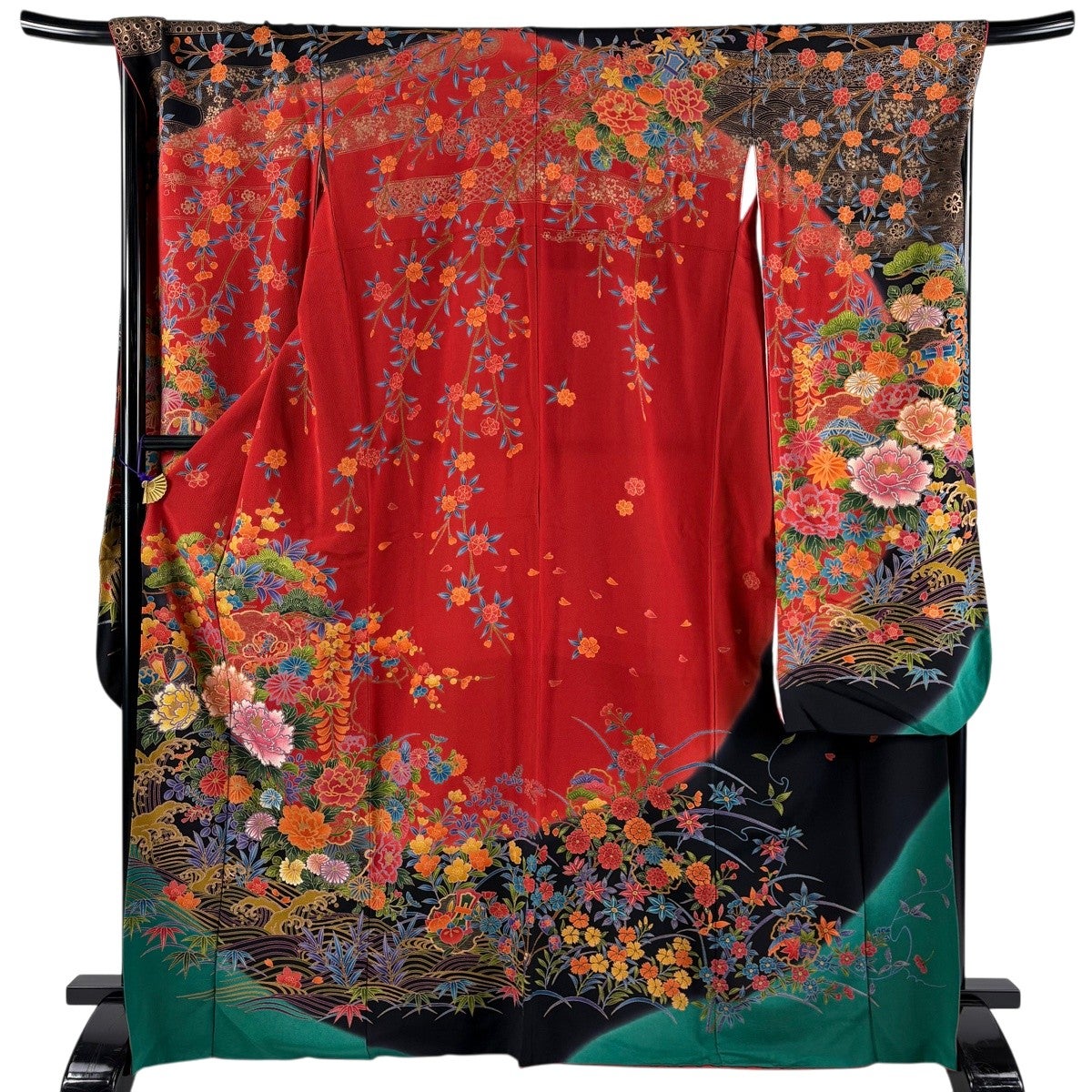 振袖 身丈167.5cm 裄丈70cm L 袷 牡丹 松竹梅 金彩 縮緬 赤 正絹 秀品