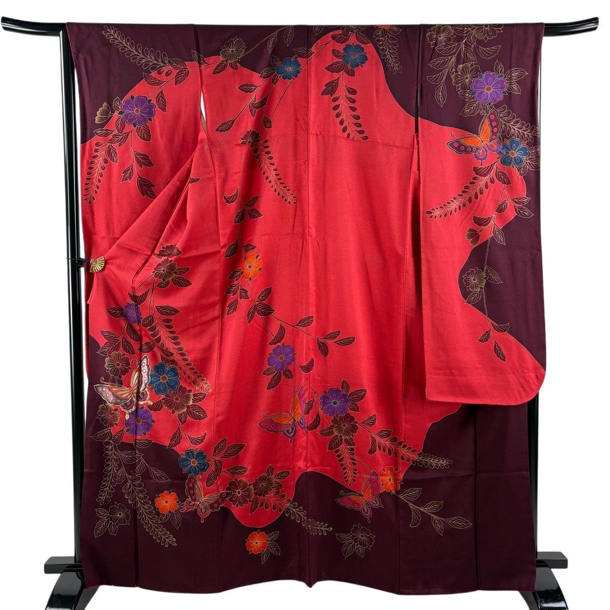 振袖 身丈157cm 裄丈64cm M 袷 鈴 藤 金糸 金彩 赤 正絹 秀品｜中古