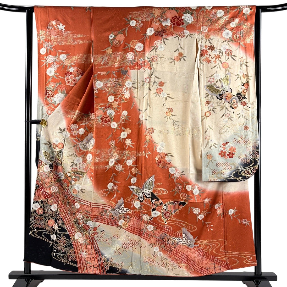 振袖 身丈156cm 裄丈62.5cm S 袷 蝶 橋 金糸 金彩 オレンジ 正絹 秀品