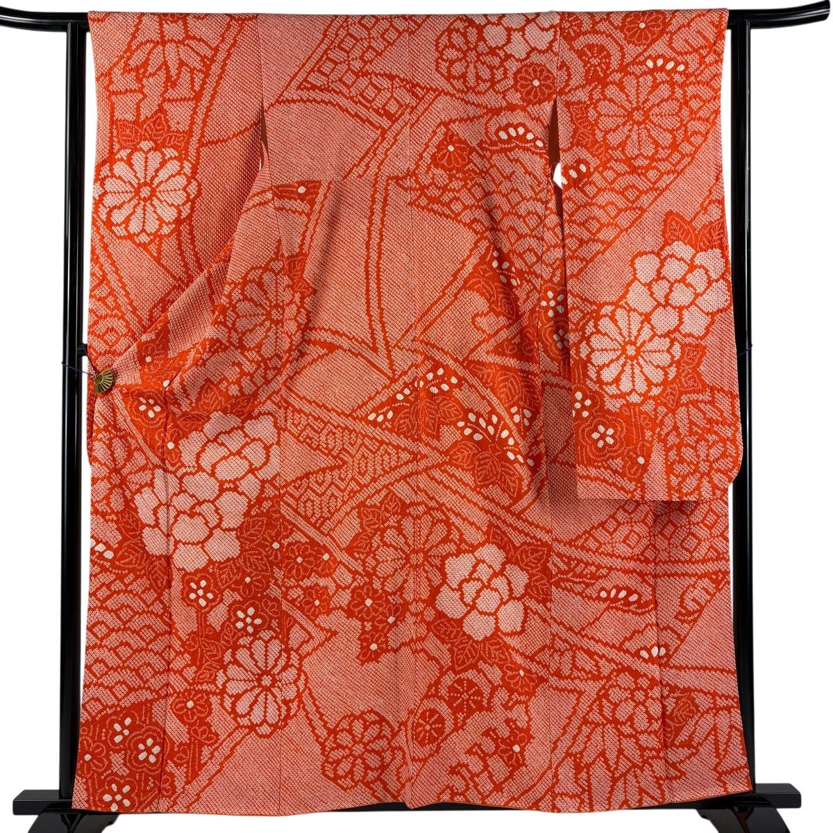 振袖 身丈159cm 裄丈62cm S 袷 牡丹 青海波 オレンジ 正絹 秀品｜中古
