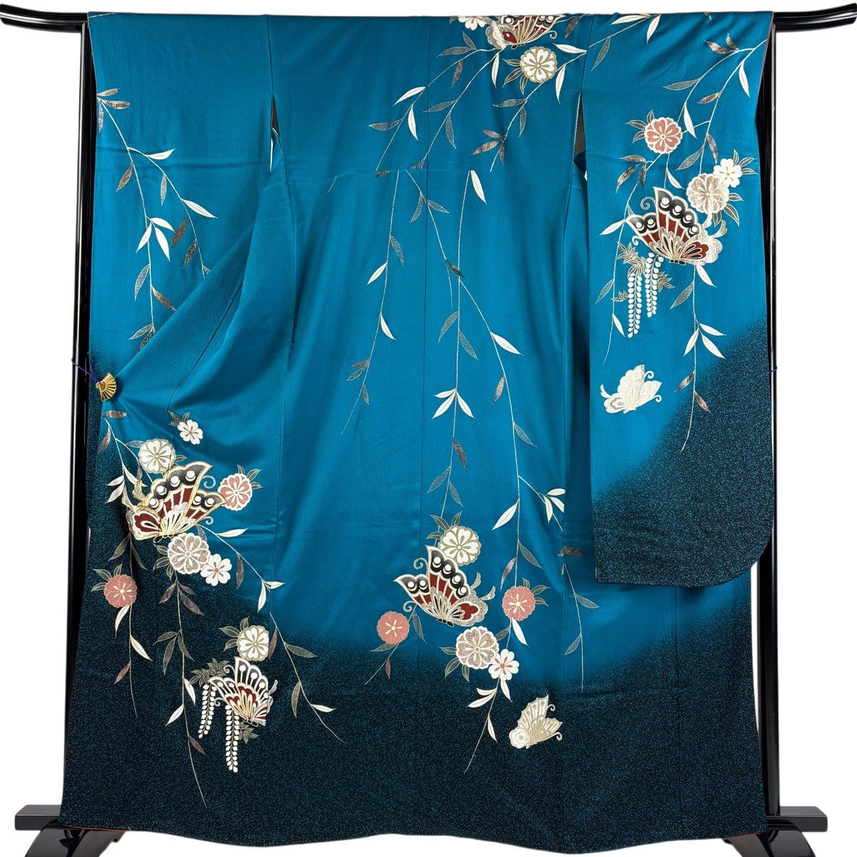 振袖 身丈162.5cm 裄丈65cm M 袷 蝶 枝垂れ桜 金糸 金銀彩 青緑 正絹