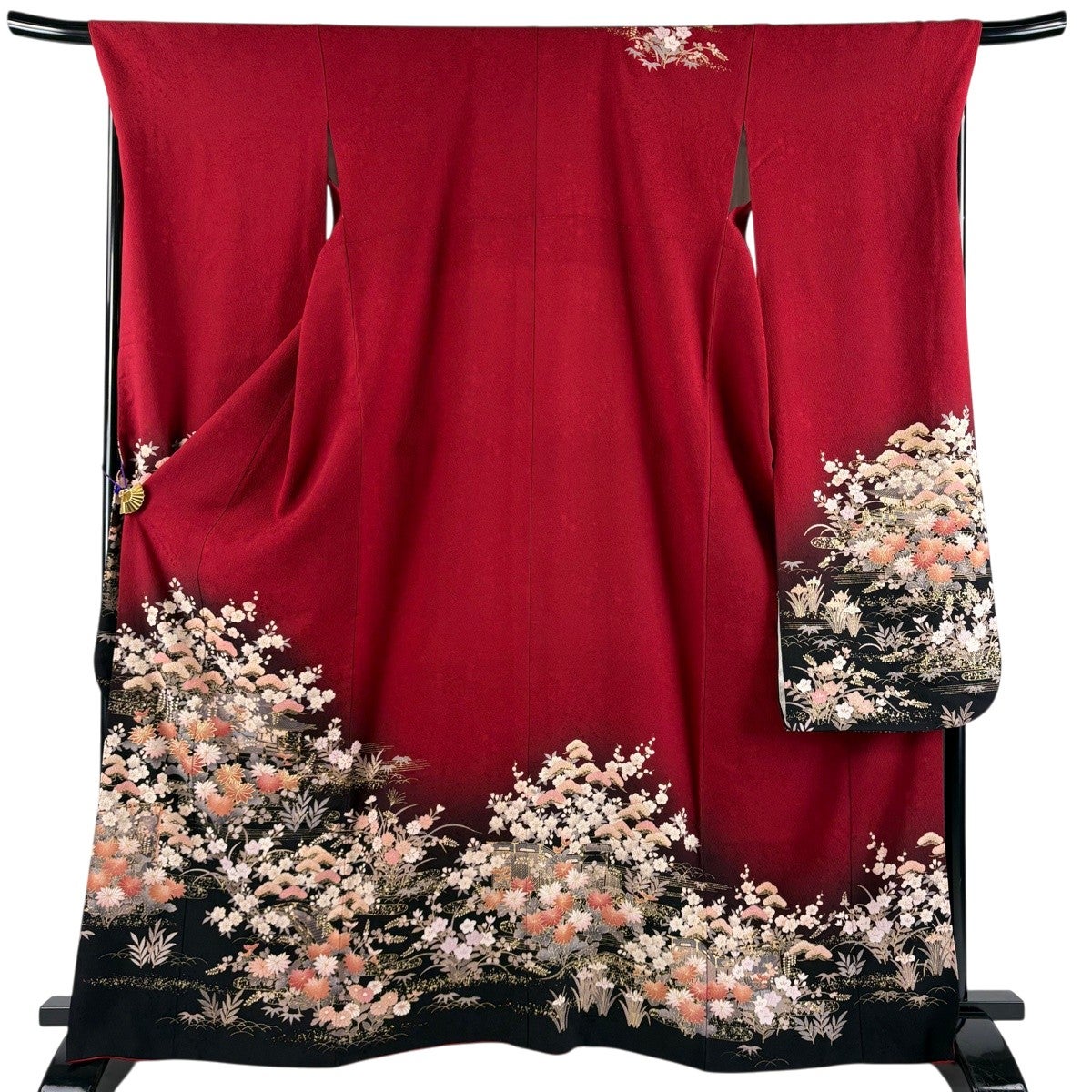振袖 身丈164cm 裄丈69.5cm L 袷 菊 建物 金彩 染め分け えんじ色 正絹