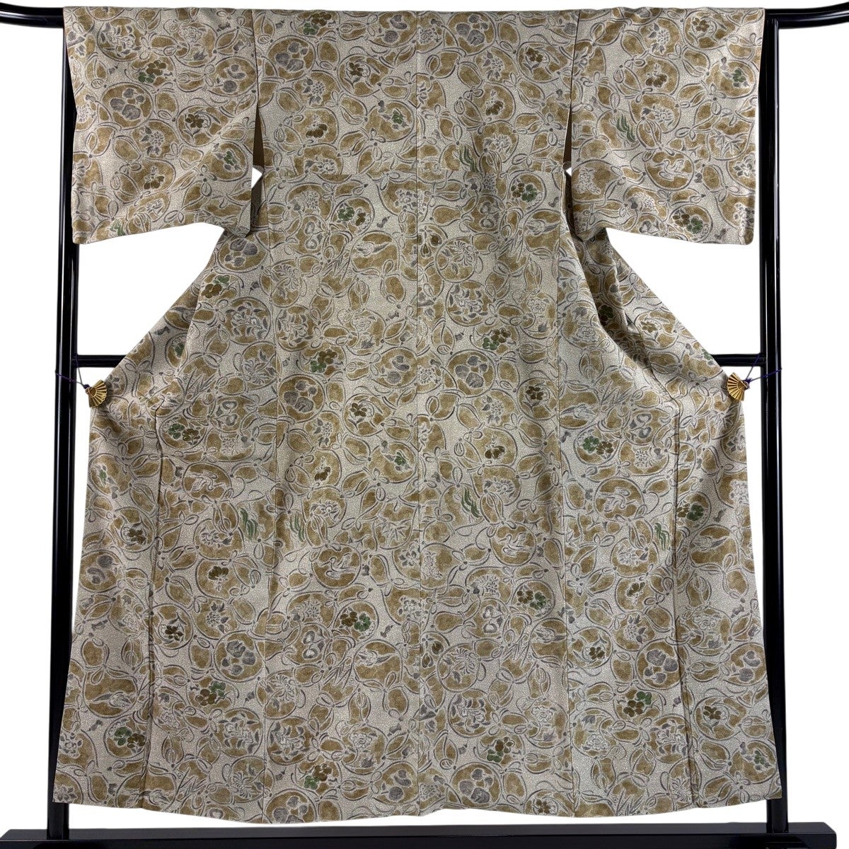 美品】 小紋 身丈155cm 裄丈66cm M 袷 紬地 瓢箪 草花 灰緑 正絹 秀品