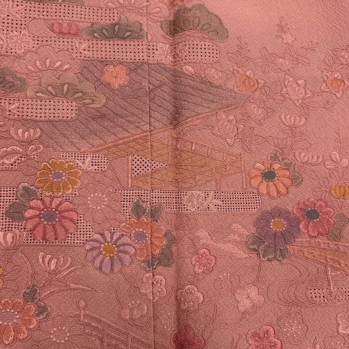 付下げ 身丈164.5cm 裄丈68.5cm L 袷 建物 松竹梅 刺繍 ピンク 正絹 秀