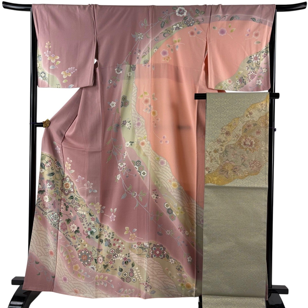 訪問着 身丈164.5cm 裄丈65cm M 袷 袋帯セット 華文 花唐草 金糸 金銀