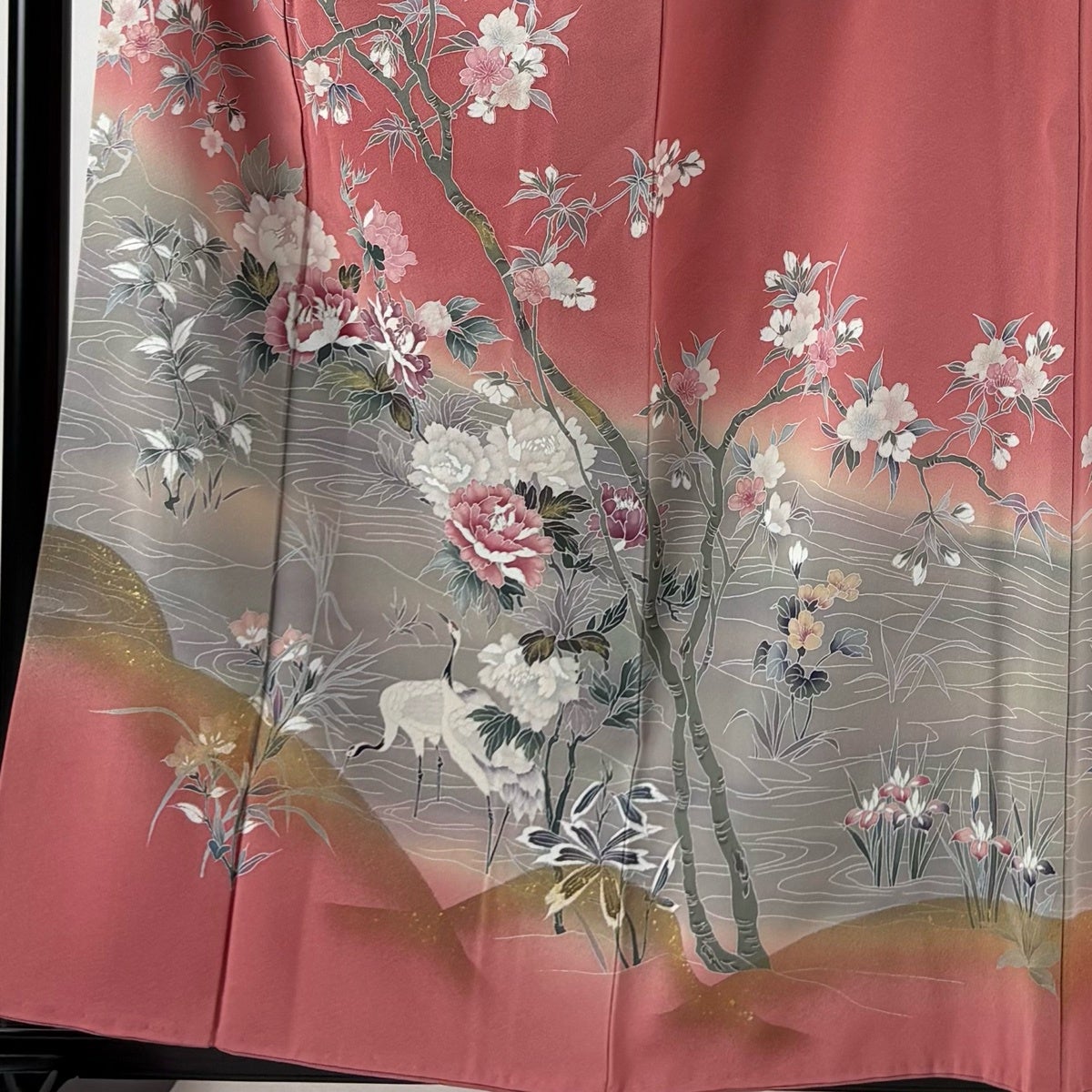 訪問着 身丈159cm 裄丈64cm M 袷 袋帯セット 落款あり 鶴 桜 金彩