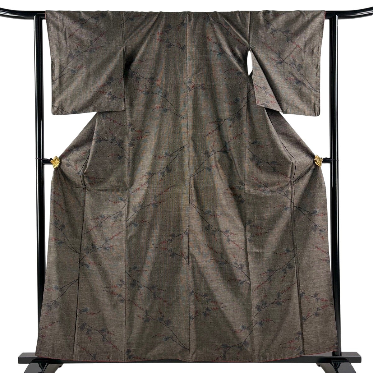 紬 身丈163cm 裄丈63cm S 袷 鳥 葉柄 焦茶色 正絹 秀品｜中古・古着