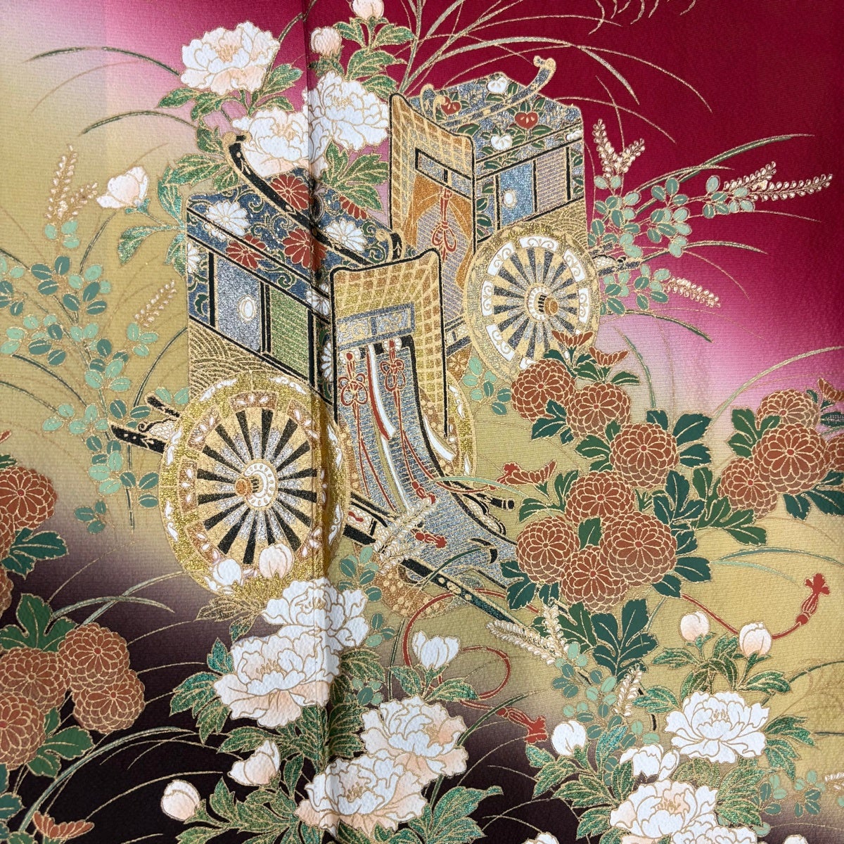 美品】 振袖 身丈161cm 裄丈67.5cm L 袷 御所車 草花 金銀彩 染め分け