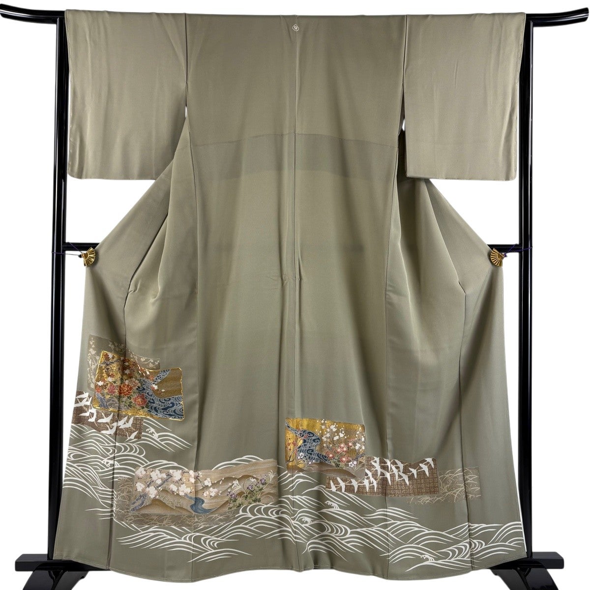 色留袖 身丈159cm 裄丈65cm M 袷 草花 波 金糸 金彩 灰緑 正絹 秀品 一
