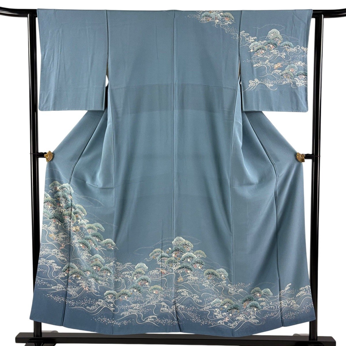 訪問着 身丈153cm 裄丈61.5cm S 袷 落款あり 家屋 松 青灰色 正絹 秀品