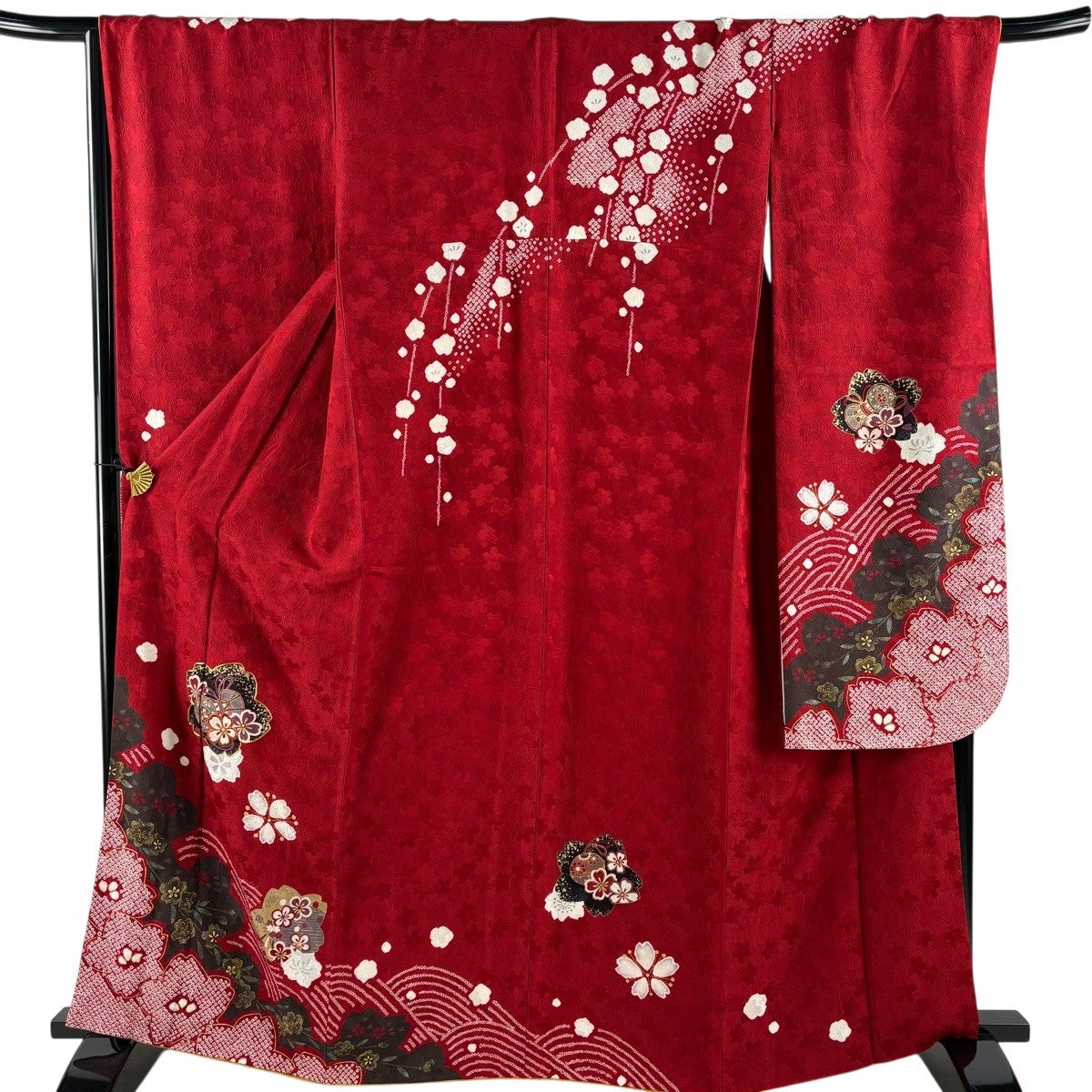 美品】 振袖 身丈162cm 裄丈69.5cm L 袷 やまと 鼓 桜 金糸 桜 赤 正絹