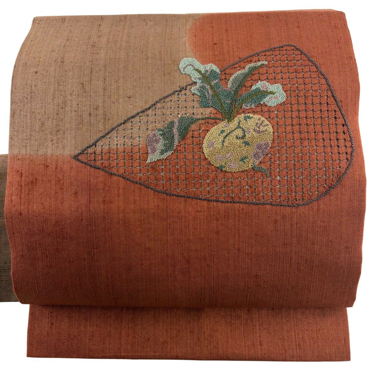 名古屋帯 秀品 紬地 扇面 松竹梅 刺繍 赤茶 正絹｜中古・古着