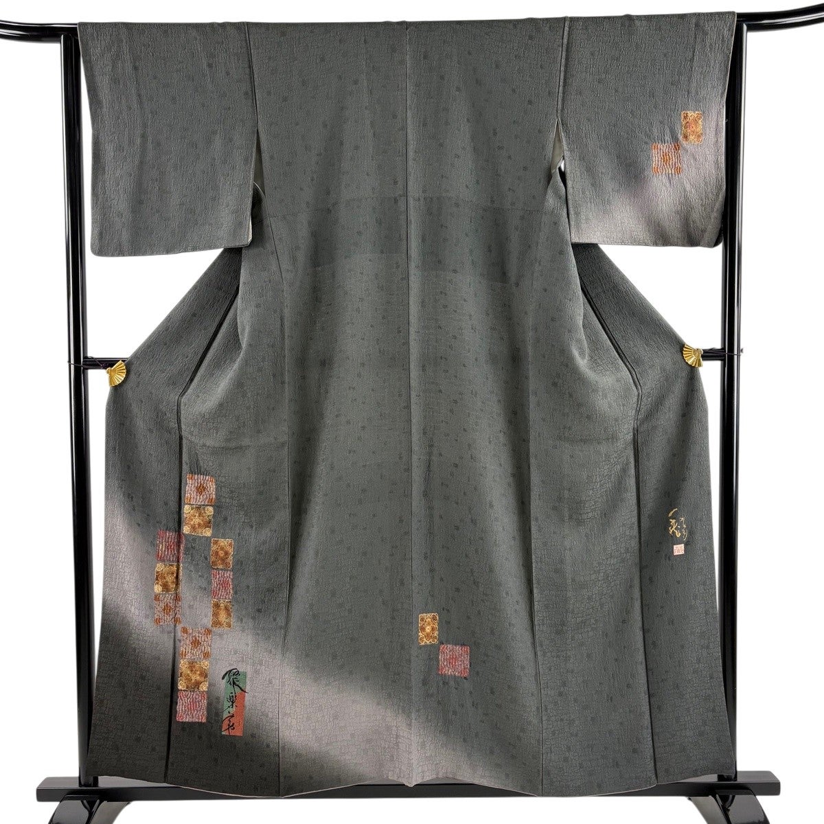 付下げ 身丈152cm 裄丈61cm S 袷 紬地 楓 家屋 青緑 正絹 秀品｜中古