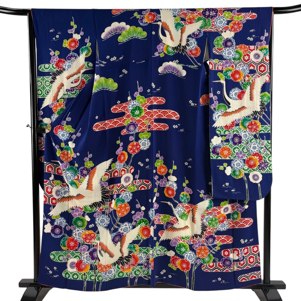 振袖 身丈158.5cm 裄丈66.5cm M 袷 鶴 梅 金糸 金彩 深緑 正絹 名品