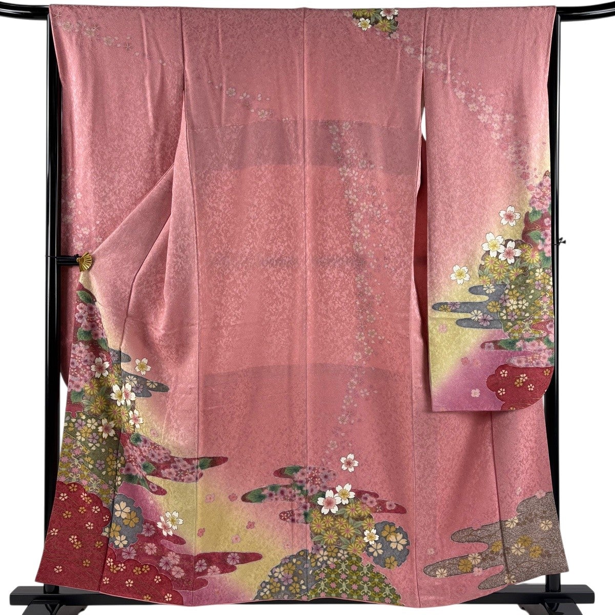 振袖 身丈161.5cm 裄丈68cm L 袷 鶴 枝梅 金糸 金彩 灰緑 正絹 名品