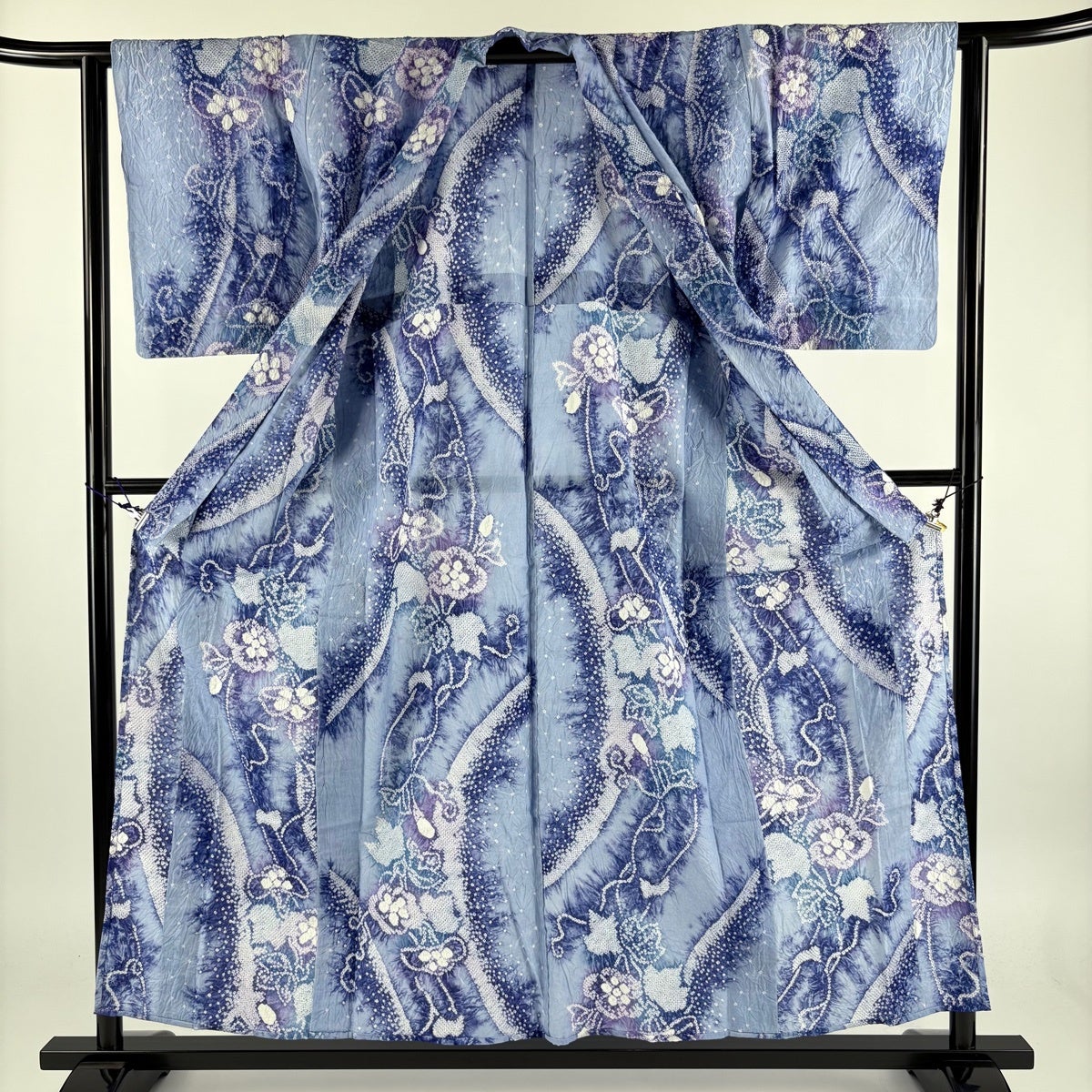 浴衣 身丈156.5cm 裄丈61.5cm S 絞り浴衣 草花 水色 綿 名品｜中古