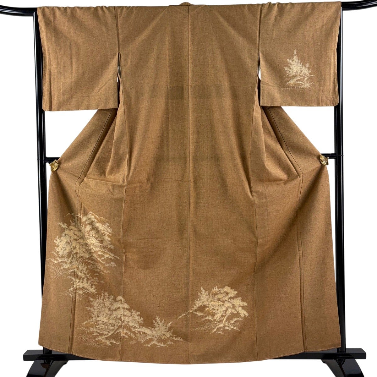 付下げ 身丈162.5cm 裄丈66cm M 袷 紬地 家屋 笠松 茶色 正絹 秀品