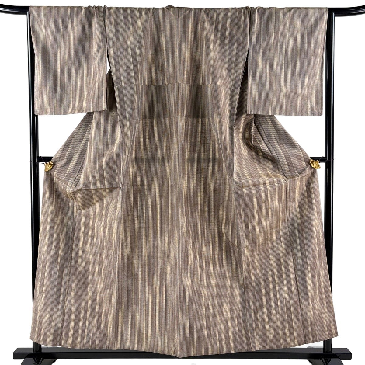 美品】 紬 身丈156.5cm 裄丈67cm M 単衣 縞 灰茶 正絹 秀品｜中古