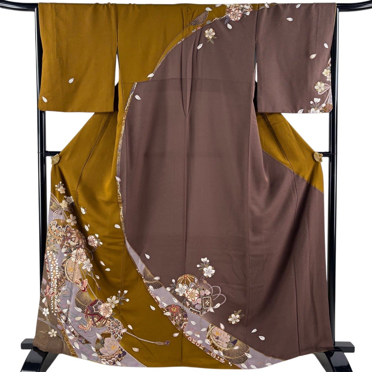 美品】 訪問着 身丈156cm 裄丈65.5cm M 袷 桜 蝶 金糸 金彩 灰色 正絹