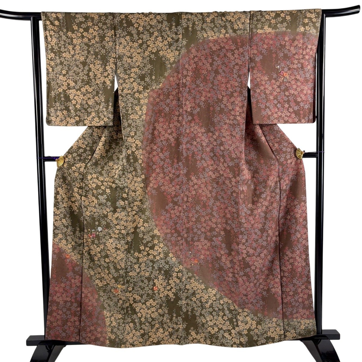 着物 作家物 浄山窯 紬 暖色ぼかし 茶色桜 草木染 身丈158cm 正絹 訪問着 身丈161cm 裄丈65cm M 袷 紬地 落款あり 桜 花びら 染め分け