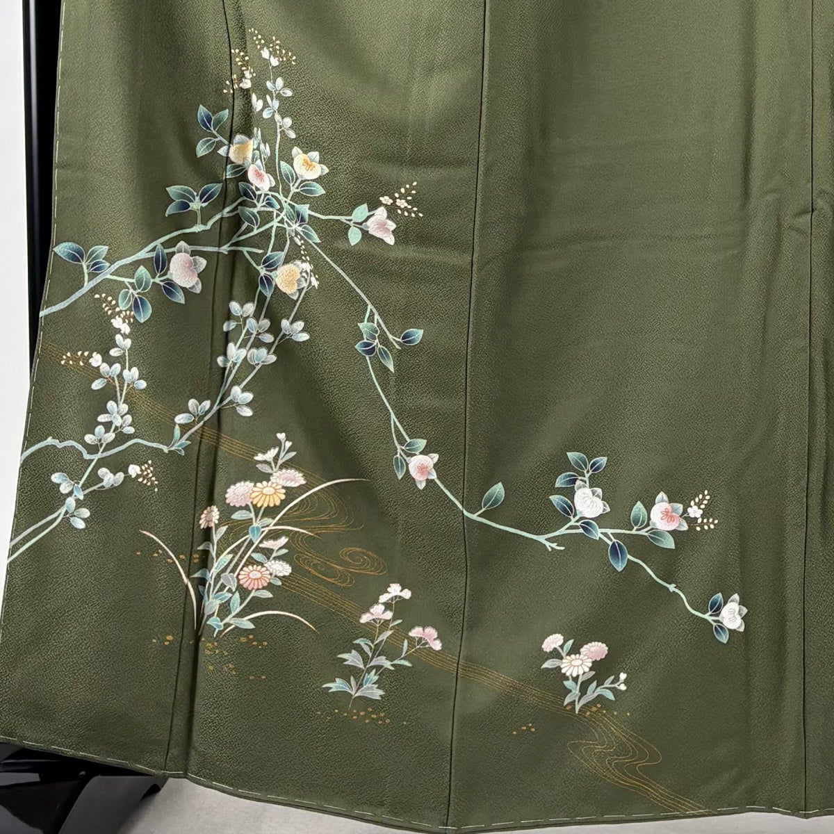 付下げ 身丈162.5cm 裄丈66.5cm M 袷 橘 流水 金銀彩 灰緑 正絹 秀品