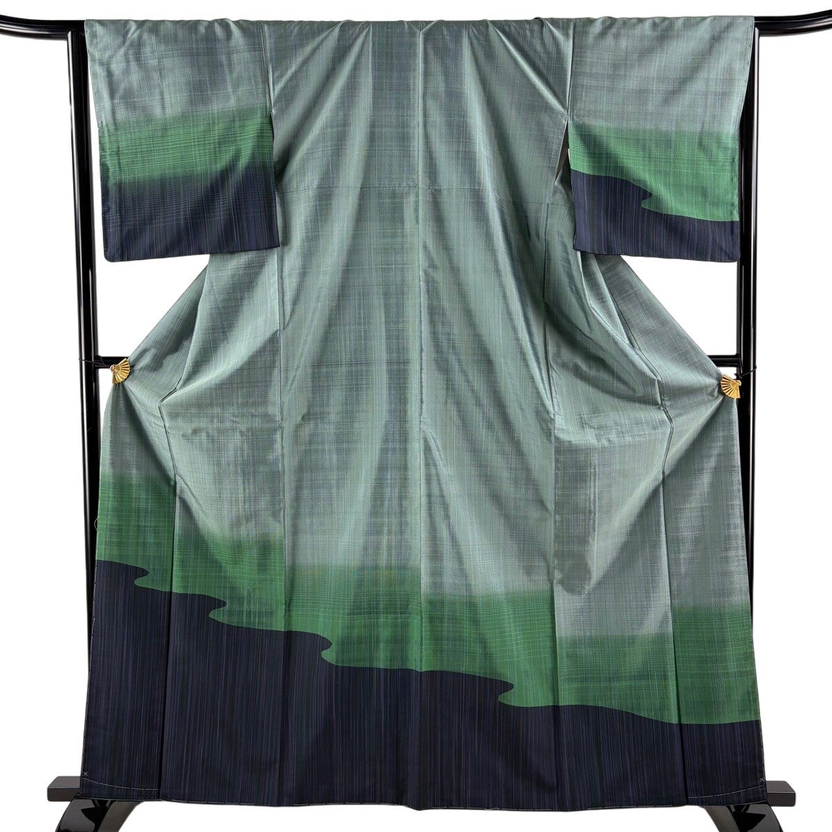 美品】 付下げ 身丈163cm 裄丈65cm M 袷 紬地 霞 灰緑 正絹 秀品｜中古
