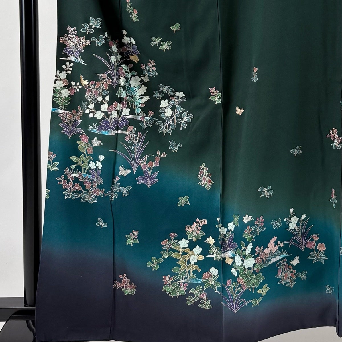訪問着 身丈163cm 裄丈68cm L 袷 草花 金銀彩 ぼかし 深緑 正絹 秀品