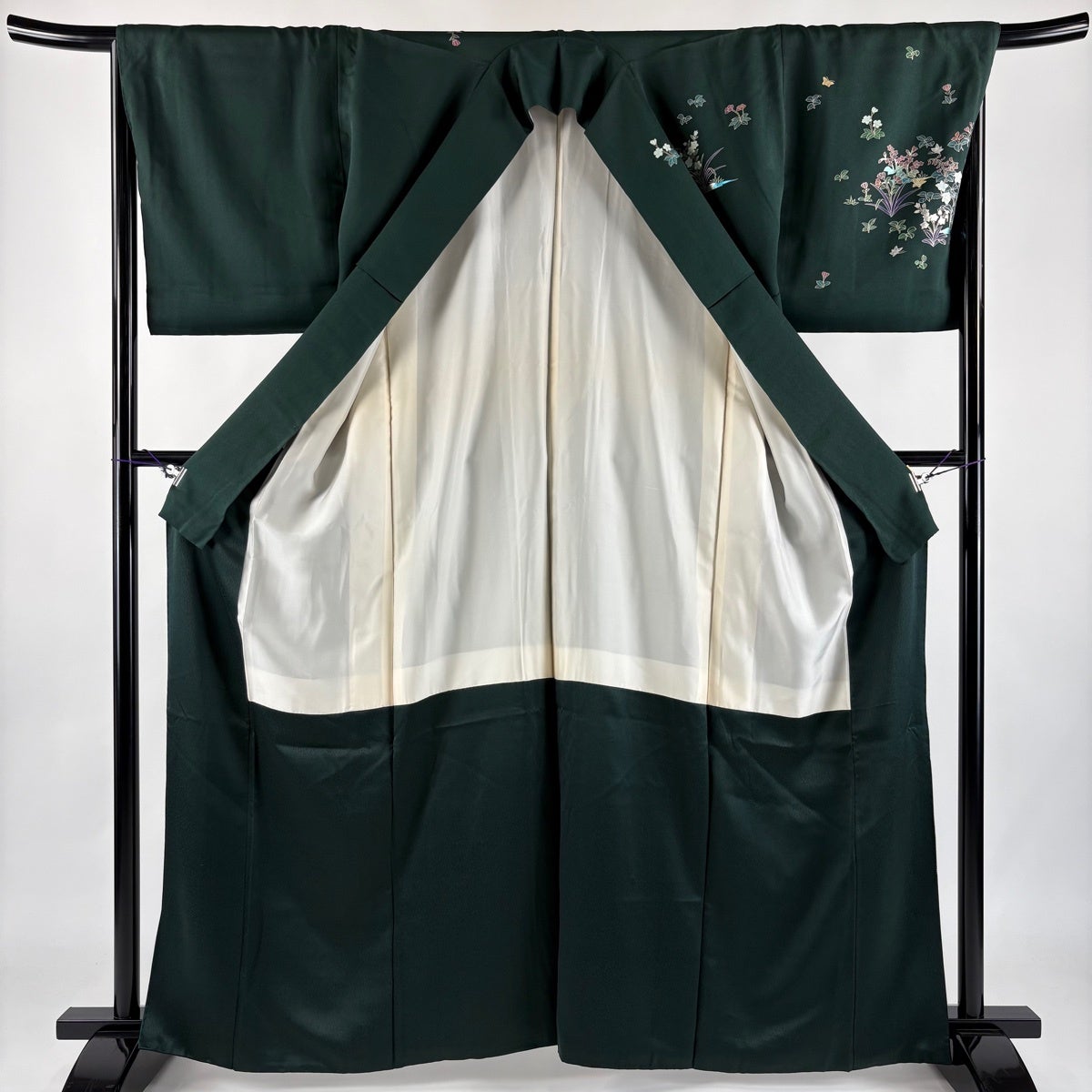 訪問着 身丈163cm 裄丈68cm L 袷 草花 金銀彩 ぼかし 深緑 正絹 秀品