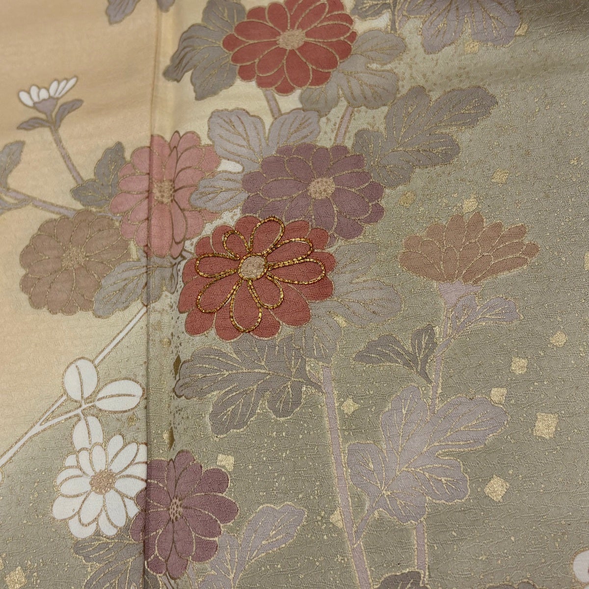 訪問着 身丈154.5cm 裄丈64.5cm M 袷 菊 萩 金糸 金彩 薄オレンジ 正絹