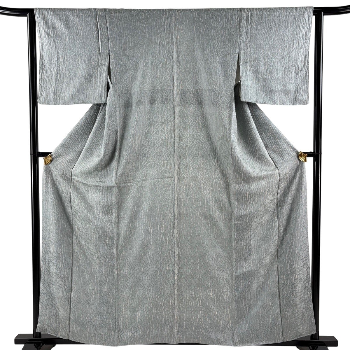 美品】 小紋 身丈158cm 裄丈62.5cm S 袷 幾何学 地紋 絞り 灰緑 正絹