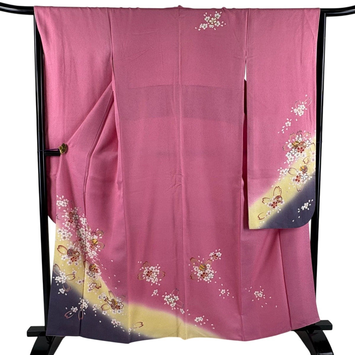 正絹　振袖　着丈160㎝ 振袖 身丈160cm 裄丈65cm M 袷 鈴 桜 金彩 染め分け ピンク 正絹 秀品