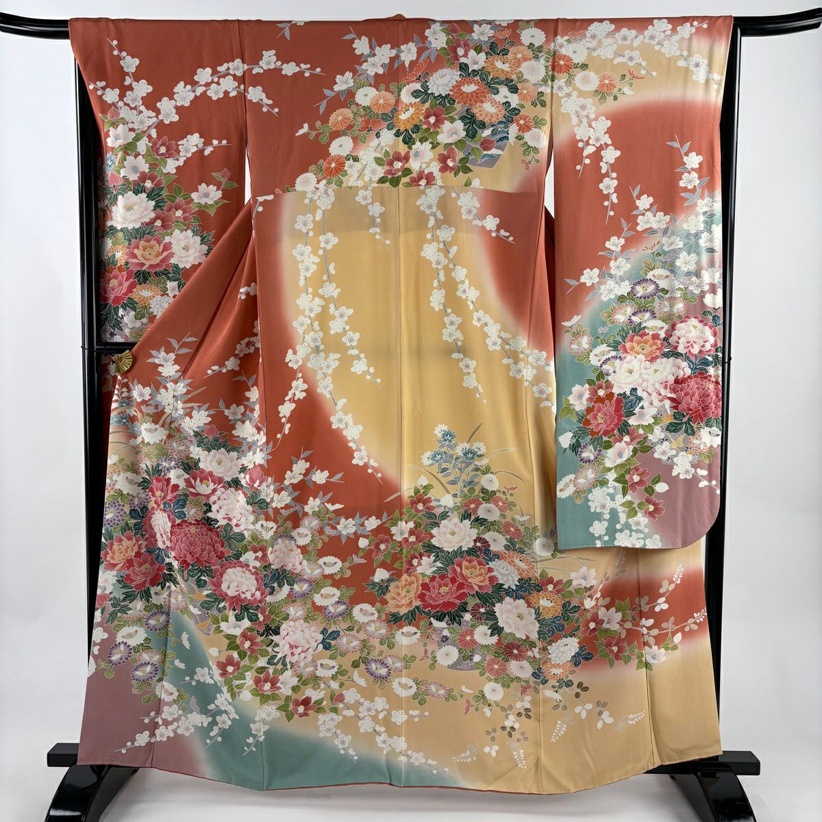 70%OFF 振袖 身丈158.5cm 裄丈64cm M 袷 花扇 鶴 金銀彩 染め分け 赤