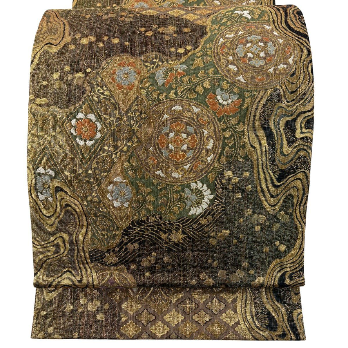 美品】 名古屋帯 優品 花唐草 草花 青灰色 正絹｜中古・古着