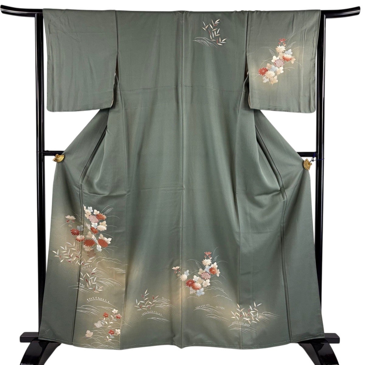 付下げ 身丈162.5cm 裄丈64cm M 袷 冊子 草花 金糸 刺繍 灰色 正絹 秀